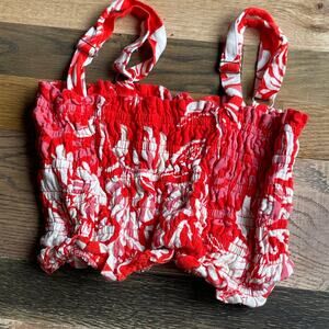 Paper Heart Red Floral Smocked Crop Top Rayon Linen Adjustable Strap